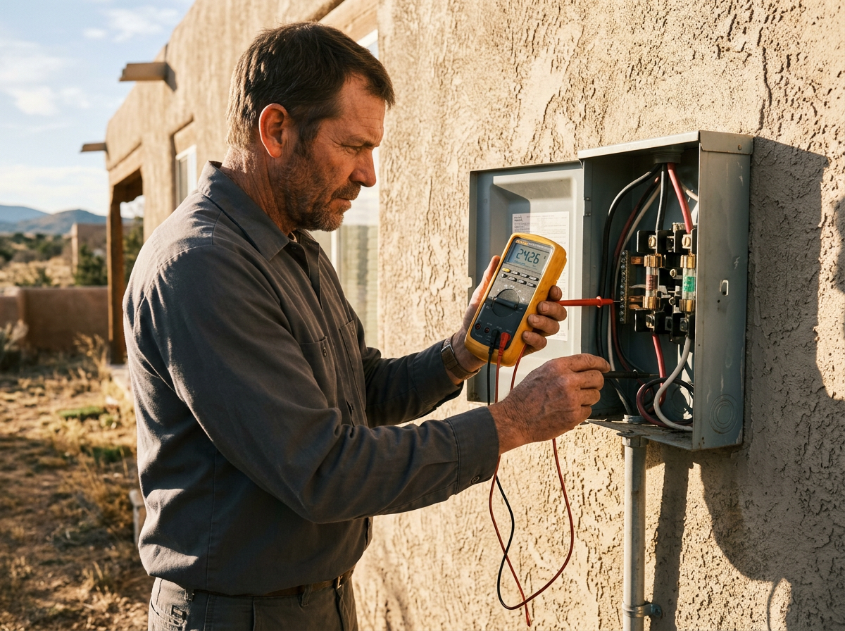 Maintenance inspector probing an exterior electrical disconnect on a stucco home wall with a digital multimeter