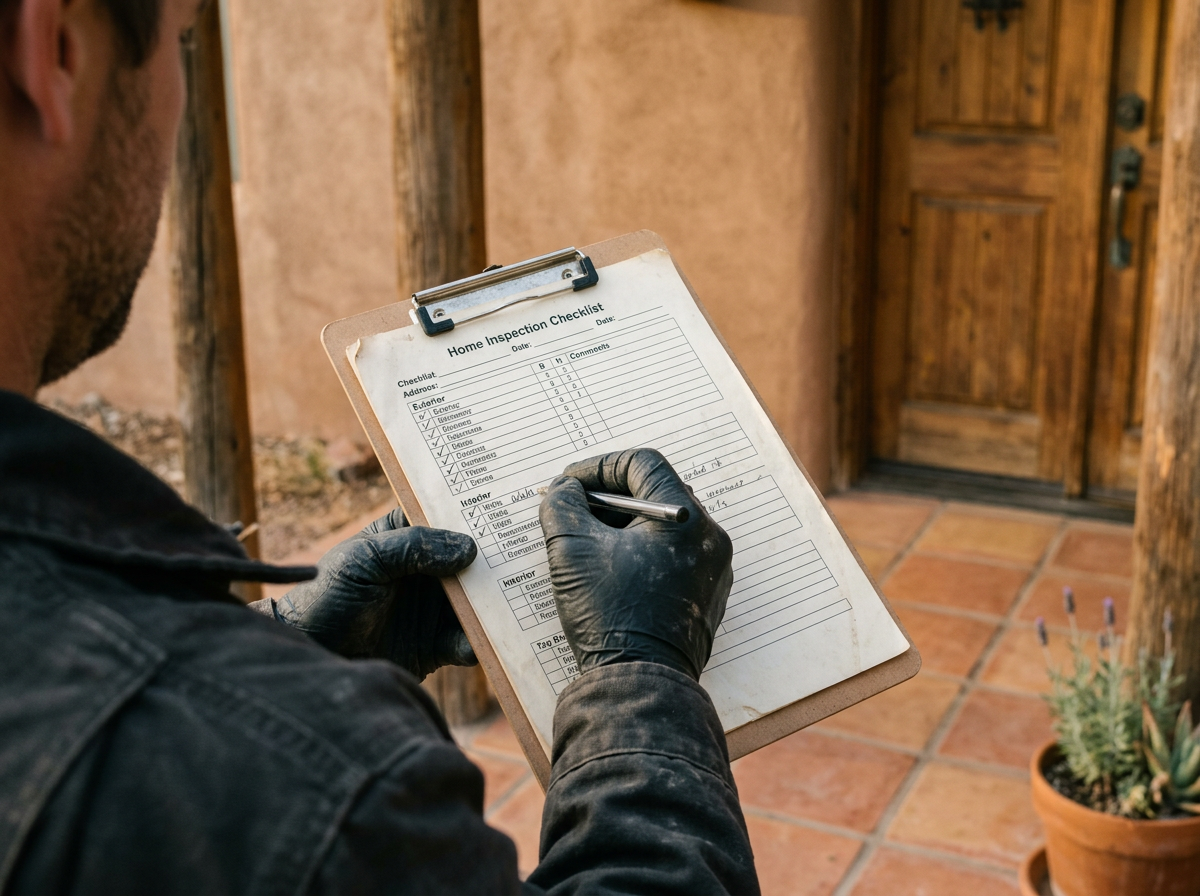 Gloved hand holding a printed inspection checklist on a clipboard at the front of a southwestern adobe home