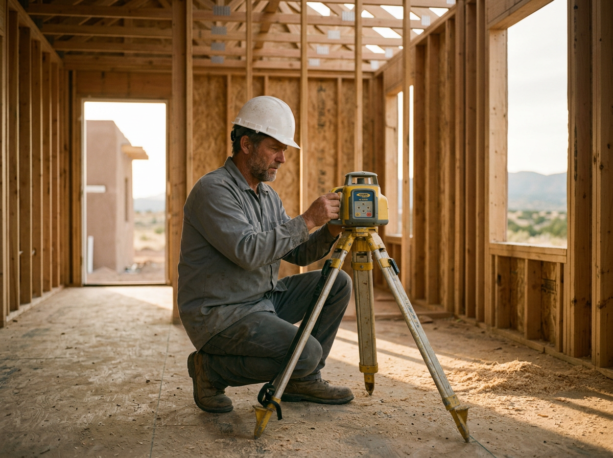 Inspector in a hard hat adjusting a rotary laser level on a tripod inside a stucco home under wood-framing construction