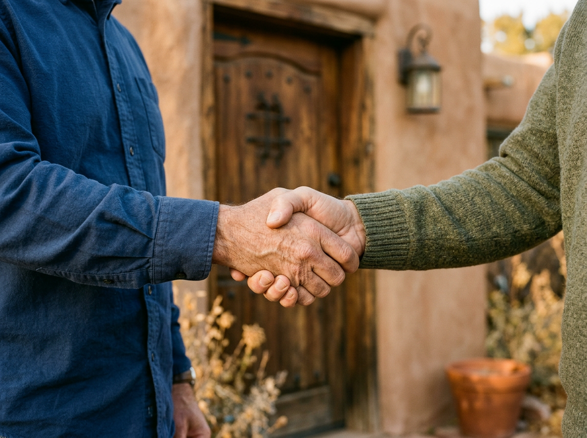 Inspector and homeowner shaking hands in front of an adobe home's wooden door at golden hour