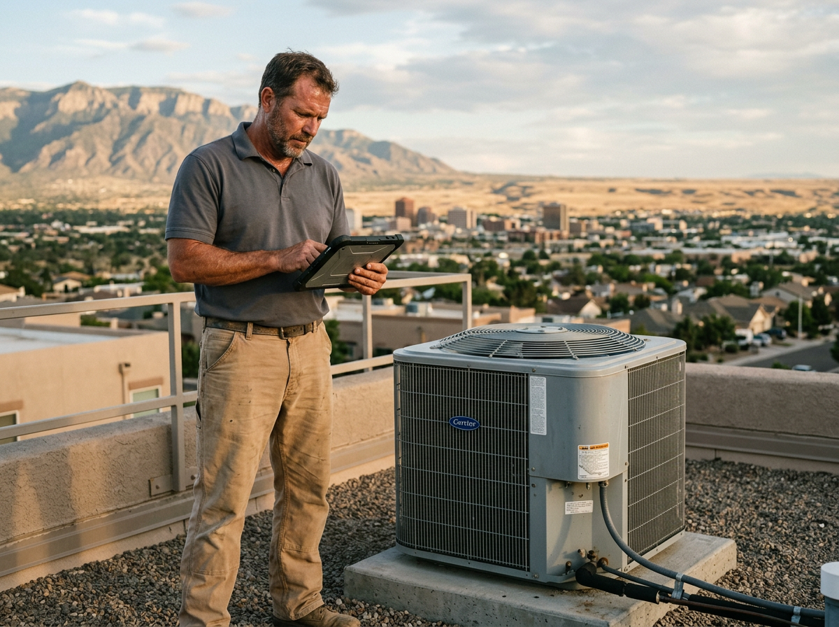 Property inspector documenting a rooftop HVAC condenser on a rugged tablet above an Albuquerque residential skyline