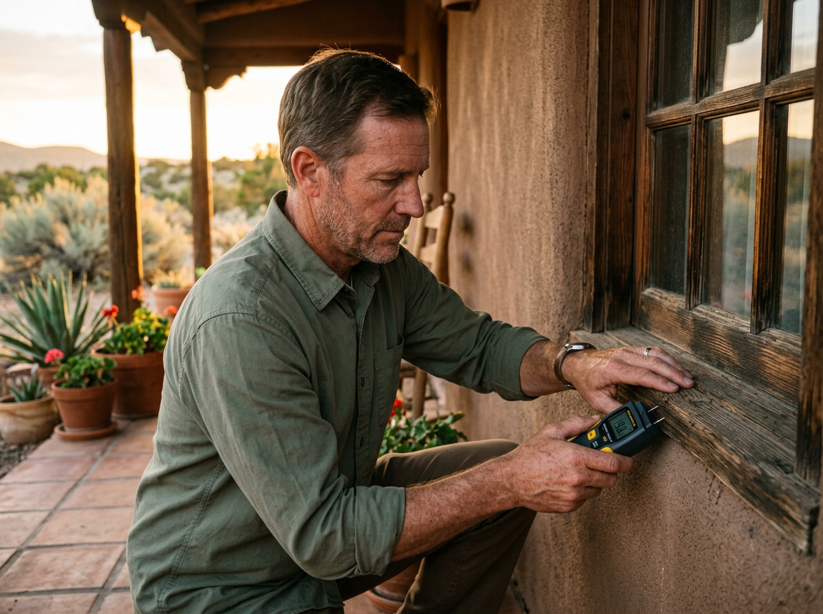 Inspector pressing a handheld moisture meter against the wooden sill of an adobe-home window at sunset