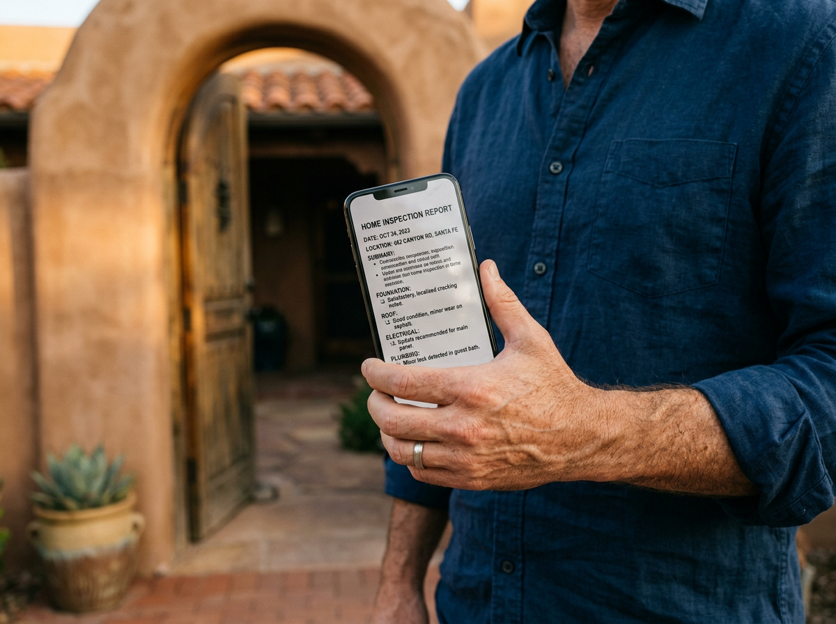 Hand holding a smartphone displaying a delivered inspection report PDF in front of an adobe entryway