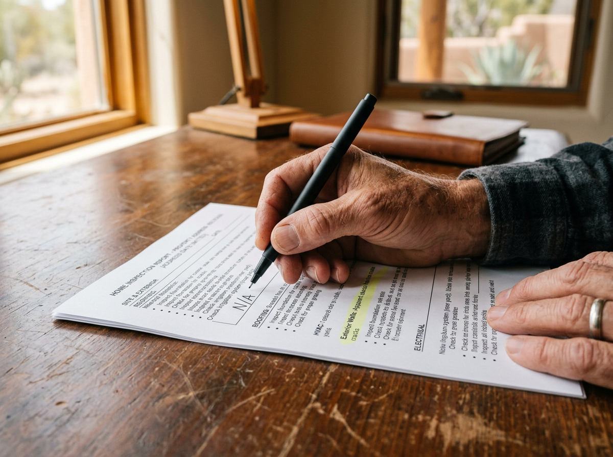 Hand annotating a printed home-inspection report with a fine-tip pen on a residential desk