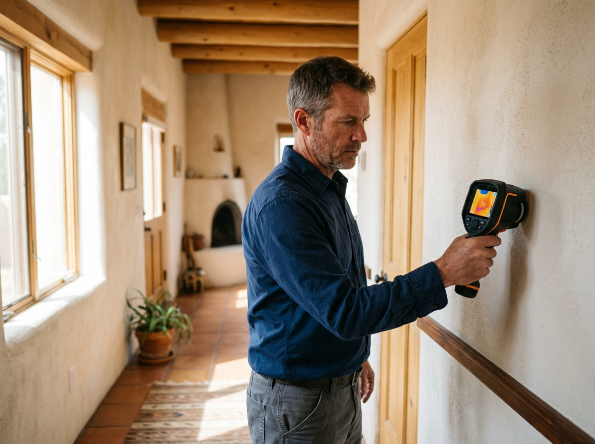 Home inspector scanning an adobe hallway wall with a handheld thermal imaging camera