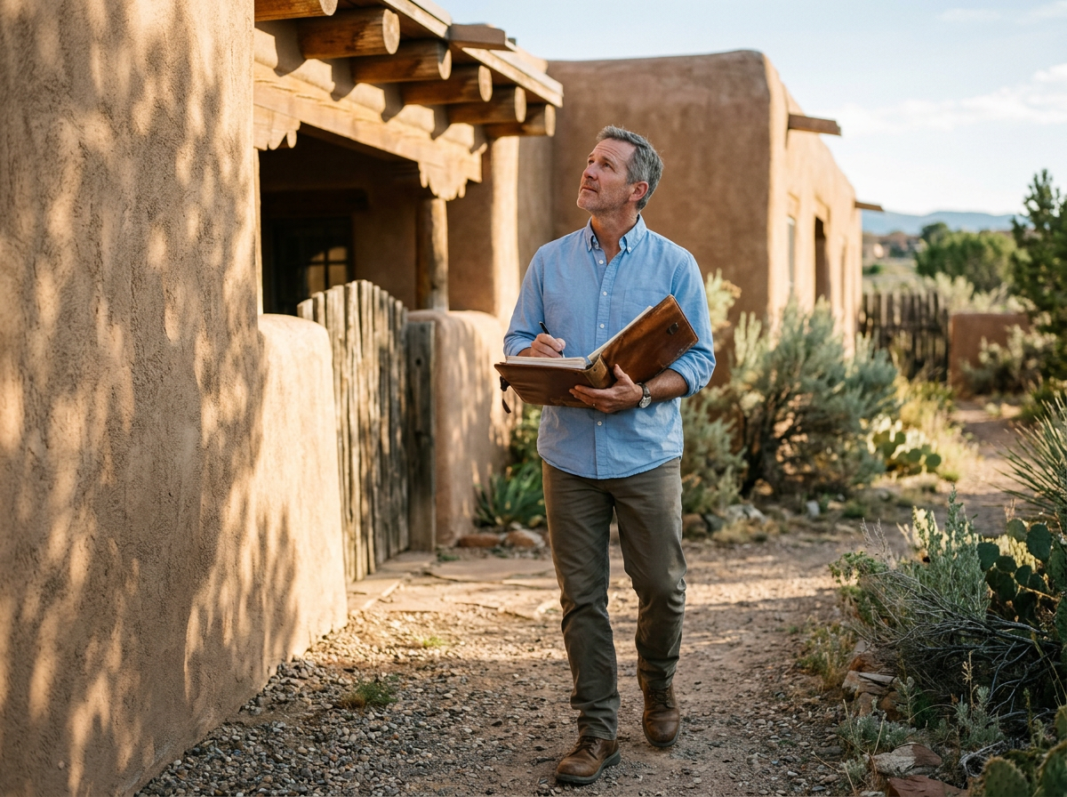 Inspector walking the exterior of a southwestern adobe home carrying an open report binder