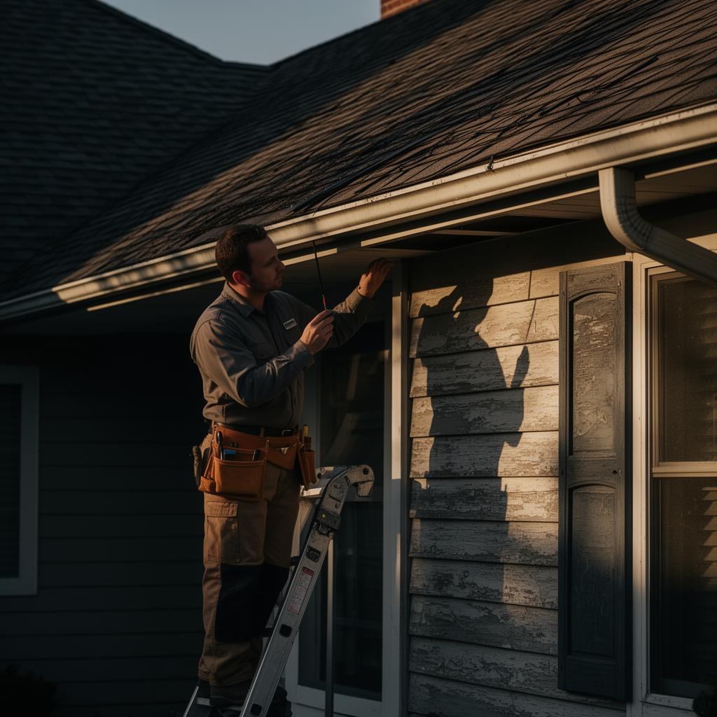 Home inspector examining roof and siding from a ladder