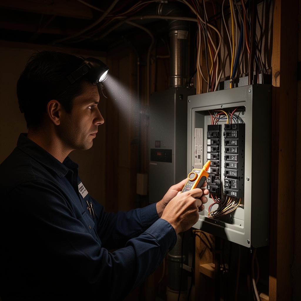 Inspector testing an electrical panel with a voltage tester