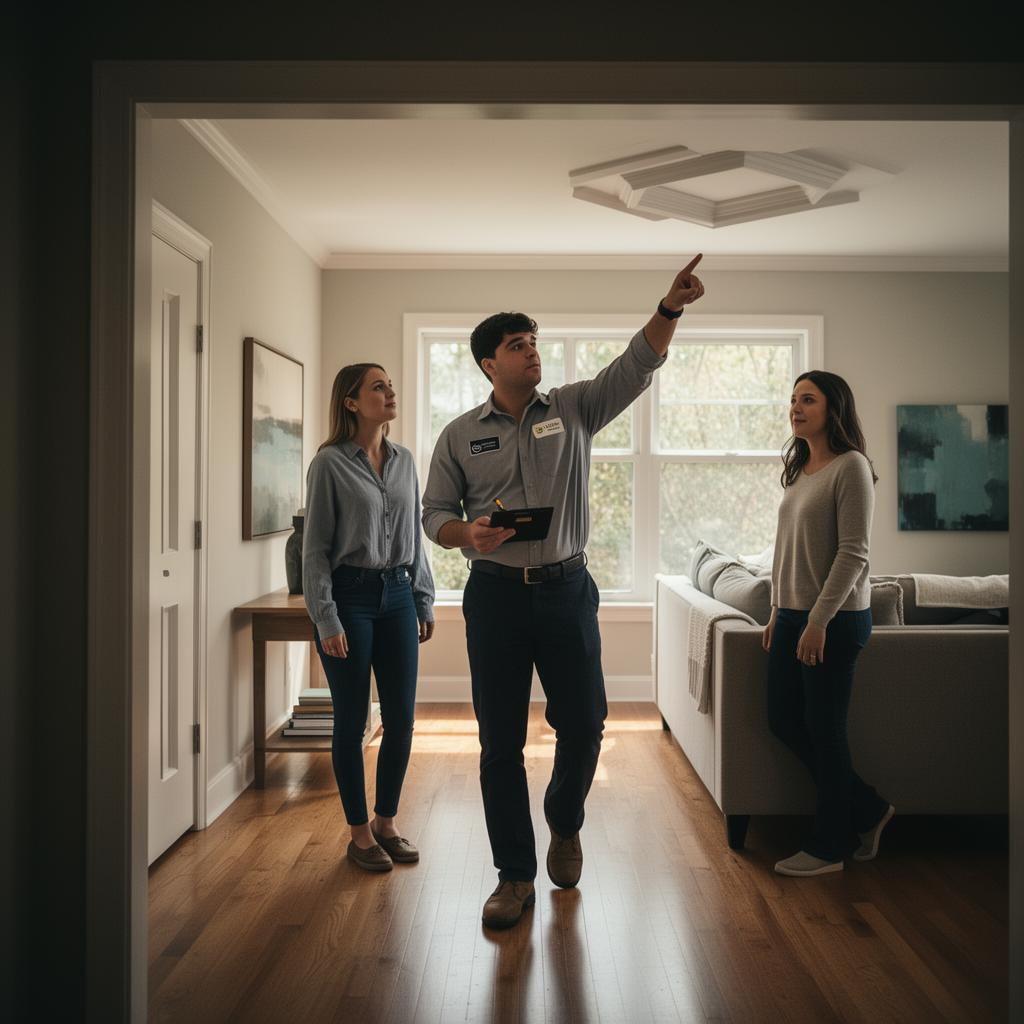 Inspector walking a couple through findings inside a home